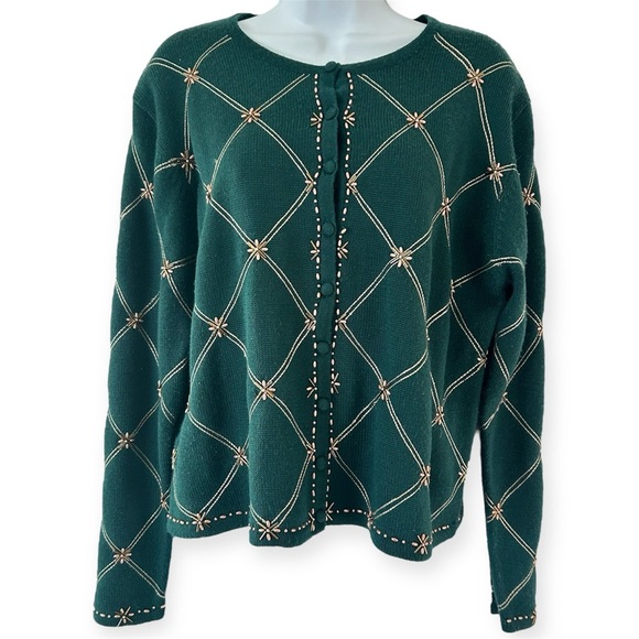 SUSAN BRISTOL Vintage Hand Beaded Embroidered Windowpane Grid Cardigan Sweater L - Picture 1 of 11